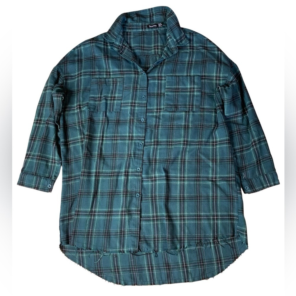 Boohoo Oversized Green Plaid Flannel Shirt Frayed Hem Size 6